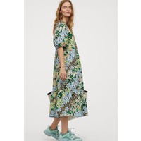 H&M Sukienka z bufiastym rękawem 0855249009 Czarny/Zielone kwiaty
