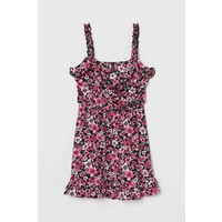 H&M Kopertowa sukienka z falbaną 0895506002 Czarny/Różowe kwiaty