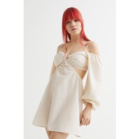 H&M Krótka sukienka z wycięciami 1036208001 Jasnobeżowy/Biała krata