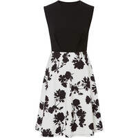 Bonprix Sukienka z częścią spódnicową z nadrukiem czarno-biały w kwiaty