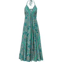 Bonprix Sukienka letnia z głębokim wycięciem z tyłu zielony szałwiowy - niebieski dymny z nadrukiem