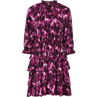 Bonprix Sukienka szyfonowa z falbanami liliowo-ciemnooliwkowo-czarny z nadrukiem
