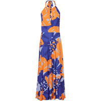 Bonprix Długa sukienka z dekoltem halter niebiesko-pomarańczowy z nadrukiem