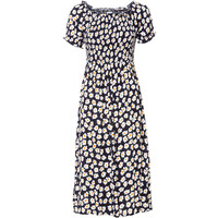 Bonprix Sukienka z nadrukiem i przeszyciem cienkimi gumkami ciemnoniebieski w kwiaty