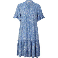 Bonprix Szeroka sukienka tunikowa z falbanami, krótka niebiesko-biały w kropki