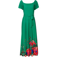 Bonprix Sukienka z dekoltem carmen zielono-czerwony w kwiaty