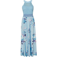 Bonprix Długa sukienka z kwiatowym nadrukiem i koronką jasnoniebiesko-jasnoróżowy w kwiaty