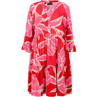 Bonprix Sukienka z falban z wiskozy czerwony sygnałowy - różowy flaming w roślinny wzór