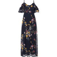 Bonprix Długa sukienka z odsłoniętymi ramionami, w kwiatowy deseń ciemnoniebieski z nadrukiem