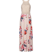 Bonprix Długa sukienka z kwiatowym nadrukiem i koronką beżowo-lila-jasnoróżowy