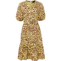 Bonprix Sukienka z paskiem w talii żółty kukurydziany - czerwony brązowy leo z nadrukiem