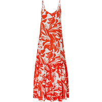 Bonprix Długa sukienka z falbaną, ze zrównoważonej wiskozy czerwony mak - biały w graficzny wzór
