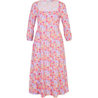 Bonprix Sukienka midi z przeszyciem cienkimi gumkami i kieszeniami, z bawełny soczysty jasnoróżowy w kwiaty
