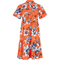 Bonprix Krótka sukienka bawełniana z nadrukiem i zaokrąglonym kołnierzykiem, fason o linii A ciemnopomarańczowy w kwiaty