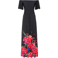 Bonprix Sukienka z dekoltem carmen czarno-czerwony w kwiaty