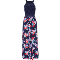 Bonprix Długa sukienka w kwiaty ciemnoniebiesko-czerwony w kwiaty