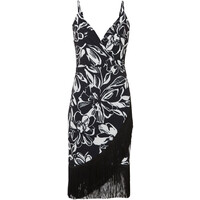 Bonprix Sukienka z frędzlami czarno-biały w roślinny wzór