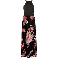Bonprix Długa sukienka z kwiatowym nadrukiem i koronką czarno-jasnoróżowy w kwiaty