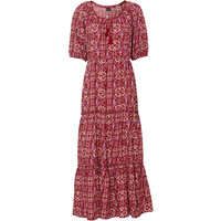 Bonprix Długa sukienka z przyjaznej dla środowiska wiskozy z nadrukiem, krótszy rozmiar czerwono-pomarańczowy z nadrukiem