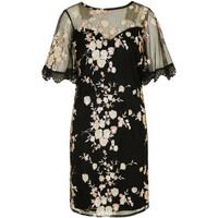 Bonprix Sukienka z haftem z cekinami czarno-beżowo-różowo-brązowy w kwiaty