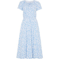Bonprix Sukienka midi z szerokim przeszyciem cienkimi gumkami w talii i rękawami motylkowymi biało-jasnoniebieskiw kwiaty