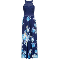 Bonprix Długa sukienka z kwiatowym nadrukiem i koronką ciemnoniebiesko-lila-jasnoróżowy
