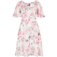 Bonprix Sukienka szyfonowa żakardowa biel wełny - w kolorze drzewa różanego w kwiaty