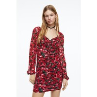 H&M Marszczona sukienka z siateczki - 1137050001 Czerwony/Kwiaty