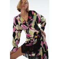 H&M Satynowa sukienka kopertowa - 1182654001 Czarny/Kwiaty tropikalne