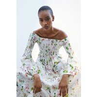 H&M Sukienka z elastycznym marszczeniem - 1196988001 Kremowy/Kwiaty