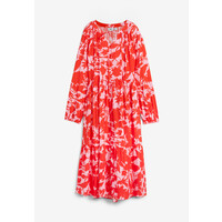 Bonprix Szeroka sukienka tunikowa midi z tkaniny z wiskozą, długi rękaw czerwony sygnałowy - jasnoróżowy w kwiaty