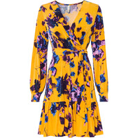 Bonprix Sukienka z wiązanym paskiem żółto-liliowy w kwiaty