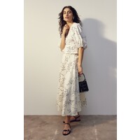 H&M Kloszowa spódnica z domieszką lnu - Wysoka talia - Midi - 1222972001 Biały/Wzór