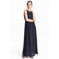 H&M Szyfonowa suknia z koronką 0364547004 Ciemnoniebieski