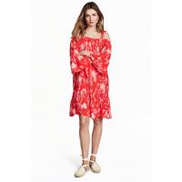 H&M Sukienka z odkrytymi ramionami 0437632002 Czerwony/Kwiaty