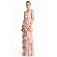 H&M Długa suknia z falbanami 0413364001 Pudroworóżowy