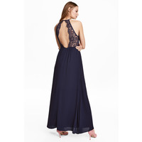 H&M Długa sukienka z koronką 0490213003 Ciemnoniebieski