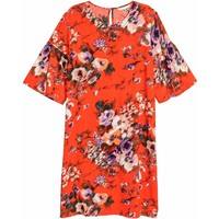 H&M Sukienka z falbankowym rękawem 0557485004 Czerwony/Kwiaty