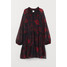 H&M Sukienka z baloniastym rękawem 0823317002 Czarny/Czerwone kwiaty