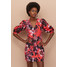 H&M Sukienka z bufiastym rękawem 0810765003 Czerwony/Kwiaty