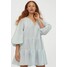H&M Sukienka z bufiastym rękawem 0857812007 Jasnoniebieski/Białe paski
