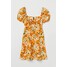 H&M Sukienka z bufiastym rękawem 0963236010 Ciemnożółty/Kwiaty