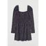 H&M Sukienka z bufiastym rękawem 0938419001 Czarny/Fioletowe kwiaty