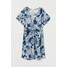 H&M Sukienka z domieszką lnu 0868879002 Niebieski/Nadruk liści