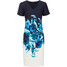 Bonprix Sukienka ołówkowa z nadrukiem ciemnoniebiesko-biało-morski w kwiaty