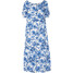 Bonprix Sukienka z dekoltem carmen, z nadrukiem w kwiaty biało-niebieski w roślinny wzór