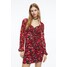 H&M Marszczona sukienka z siateczki - 1137050001 Czerwony/Kwiaty