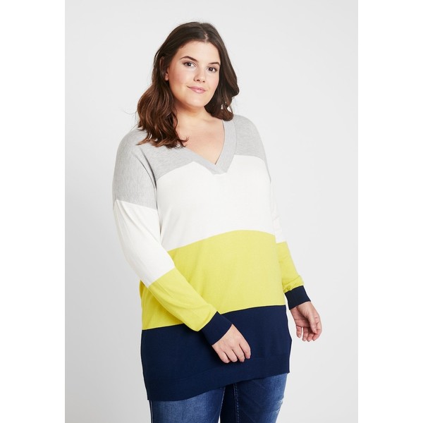 CAPSULE by Simply Be SLOUCHY V NECK Sweter light grey marl/ivory/chartreuse/navy CAS21I00D