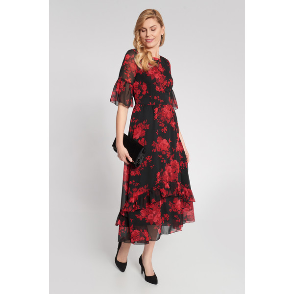 Quiosque Czarna długa sukienka z falbanami w czerwone kwiaty 4IX030219