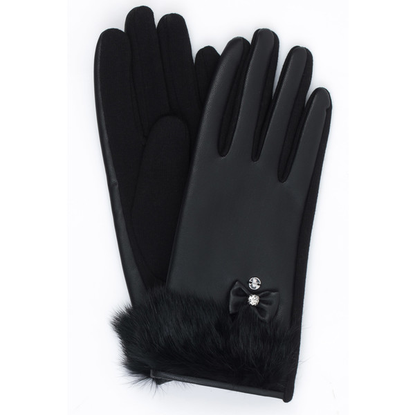 Monnari Skórkowe rękawiczki z eko futerkiem i kokardą z diamencikiem 19Z-GLV0210-K020